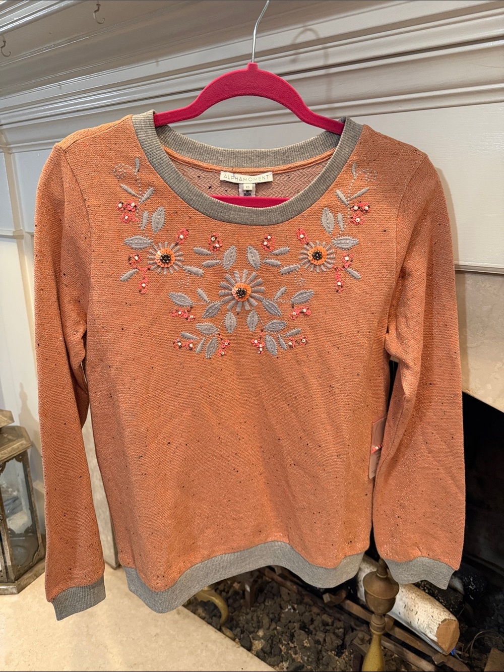 Anthropologie Rust Floral Beaded Sweatshirt with Gray Trim size XS